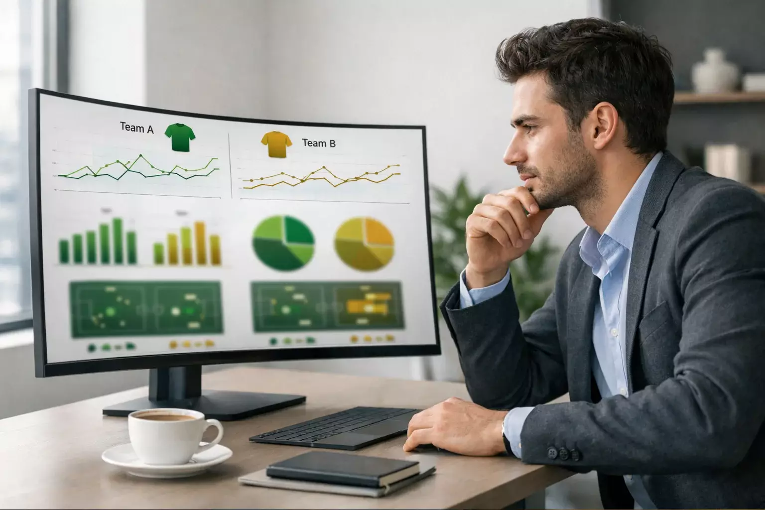 Analista che studia statistiche di calcio su schermo con grafici delle prestazioni delle squadre