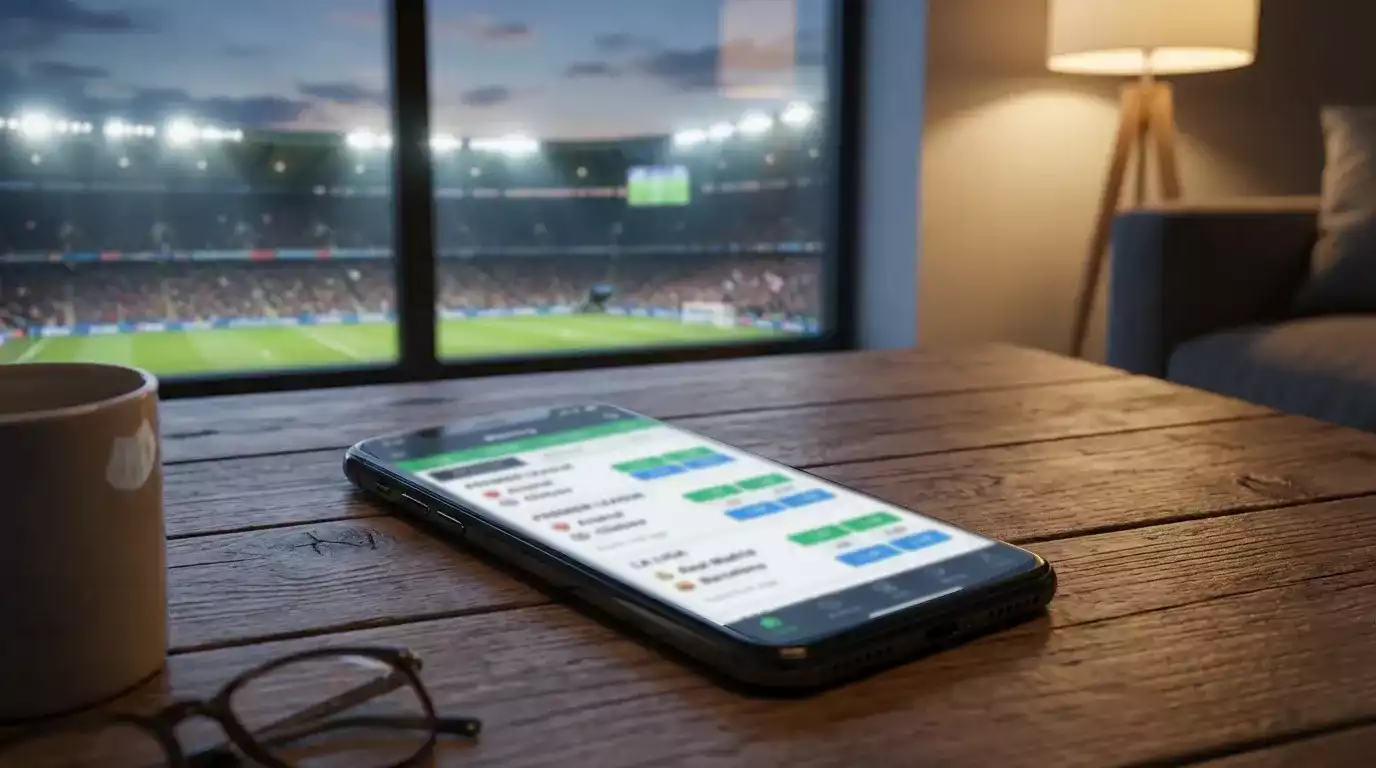 Smartphone moderno con app scommesse calcio aperta su un tavolo accanto a uno stadio di sera