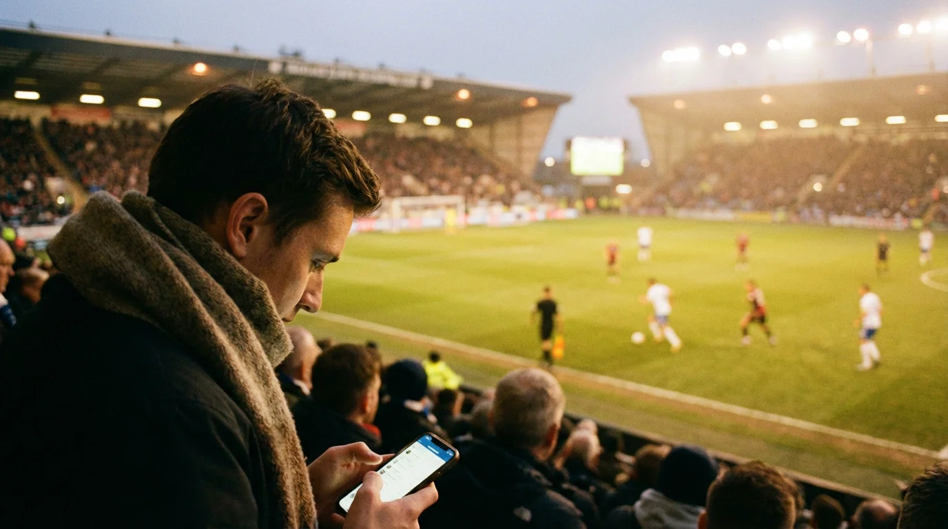 Tifoso che consulta il telefono sugli spalti di uno stadio di calcio durante una partita