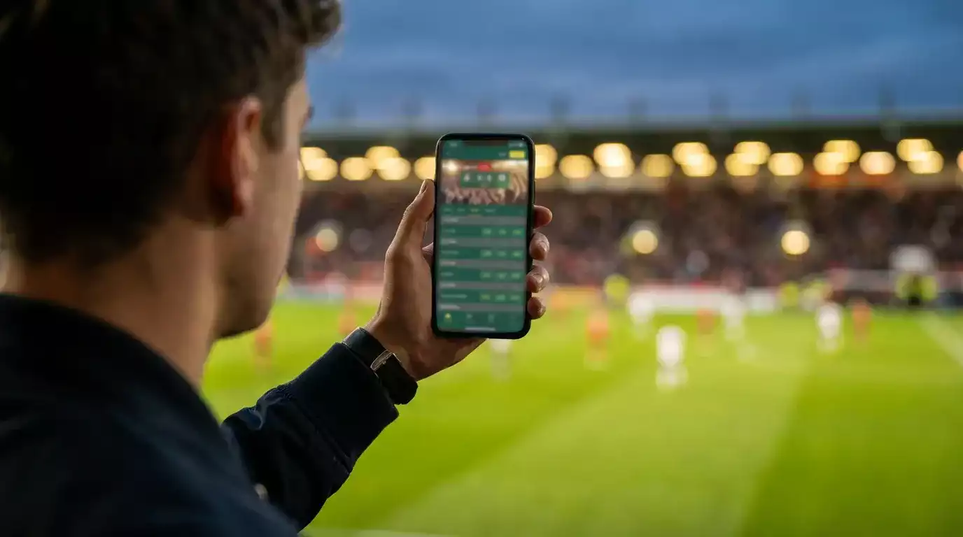 Mano che tiene uno smartphone davanti a uno stadio di calcio durante una partita serale