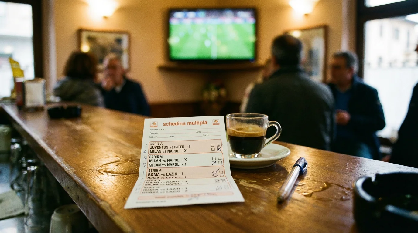 Schedina multipla di scommesse calcio con diverse partite selezionate su un tavolo da bar