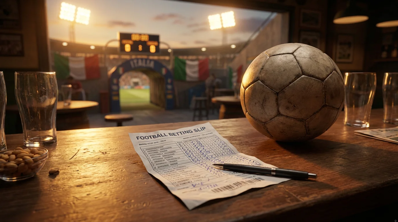 Schedina di scommesse su un tavolo accanto a un pallone da calcio in uno stadio illuminato