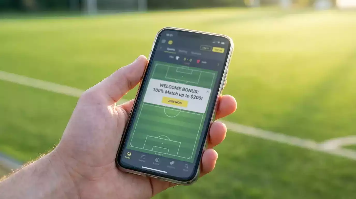 Smartphone con app di scommesse sportive aperta su un campo da calcio verde