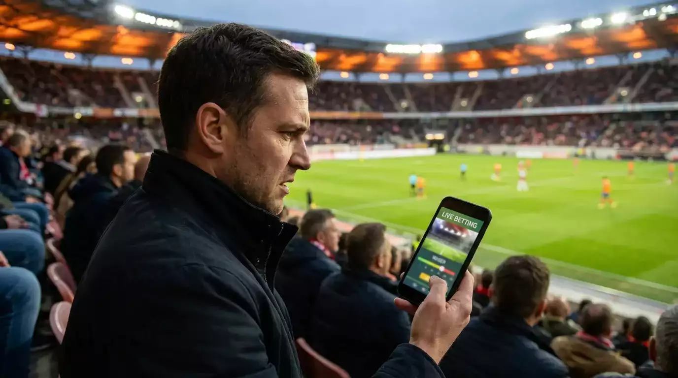 Tifoso allo stadio che controlla il cash out parziale sullo smartphone durante una partita di calcio