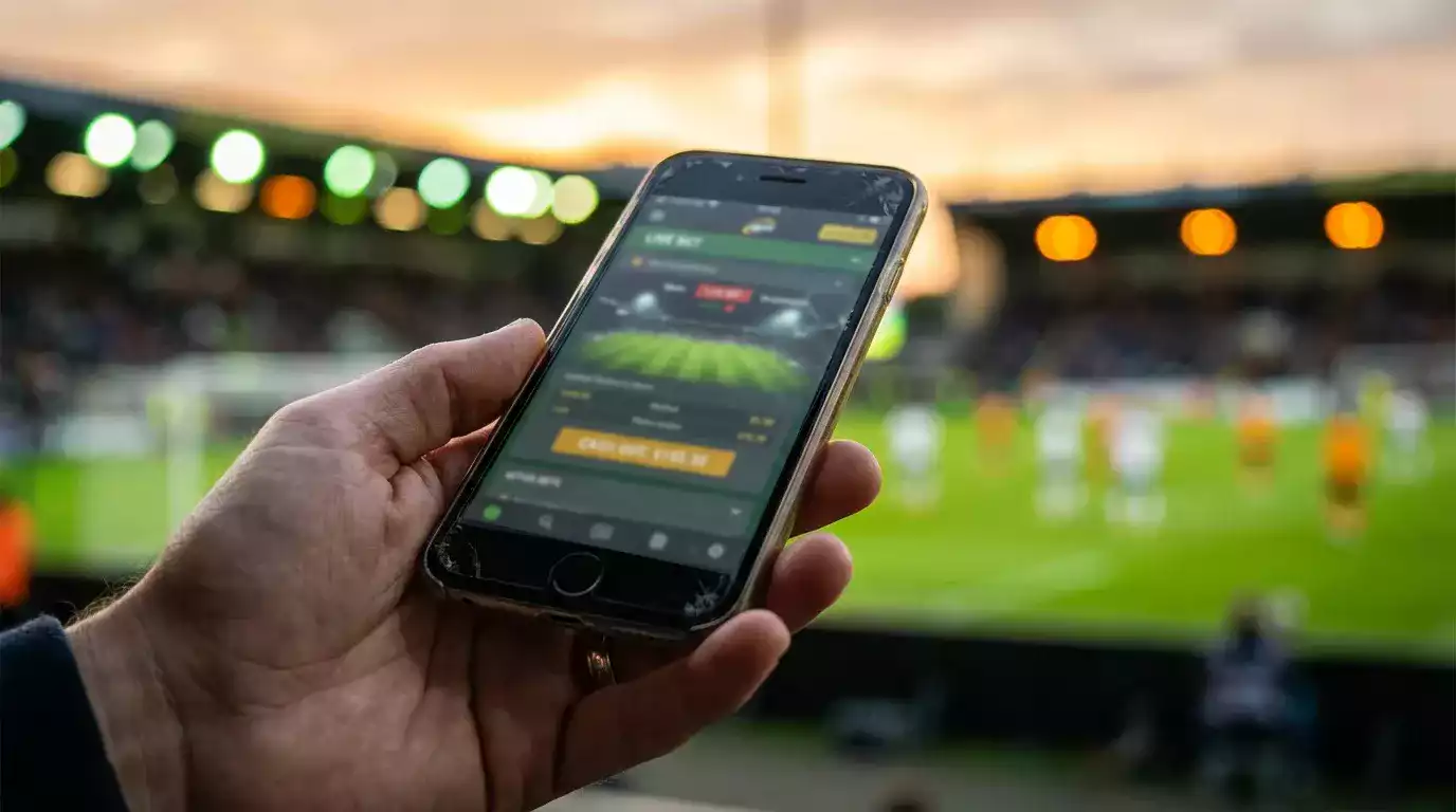 Mano che tiene uno smartphone con una scommessa aperta davanti a un campo da calcio