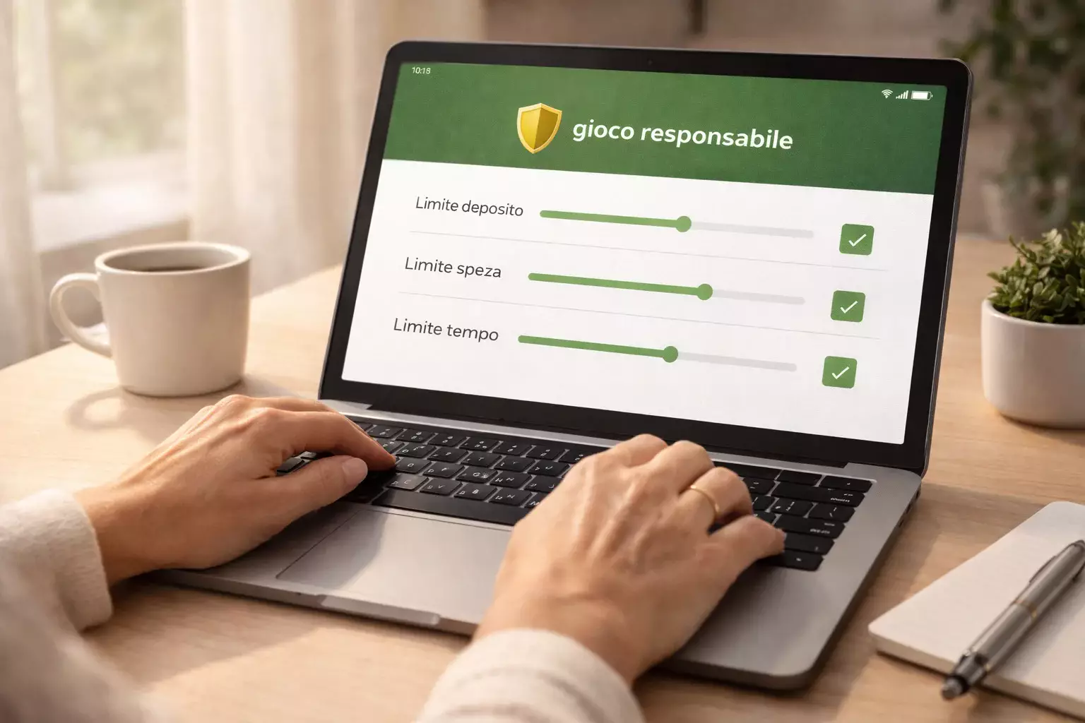 Mani che impostano limiti di gioco su interfaccia con simbolo di protezione e autocontrollo