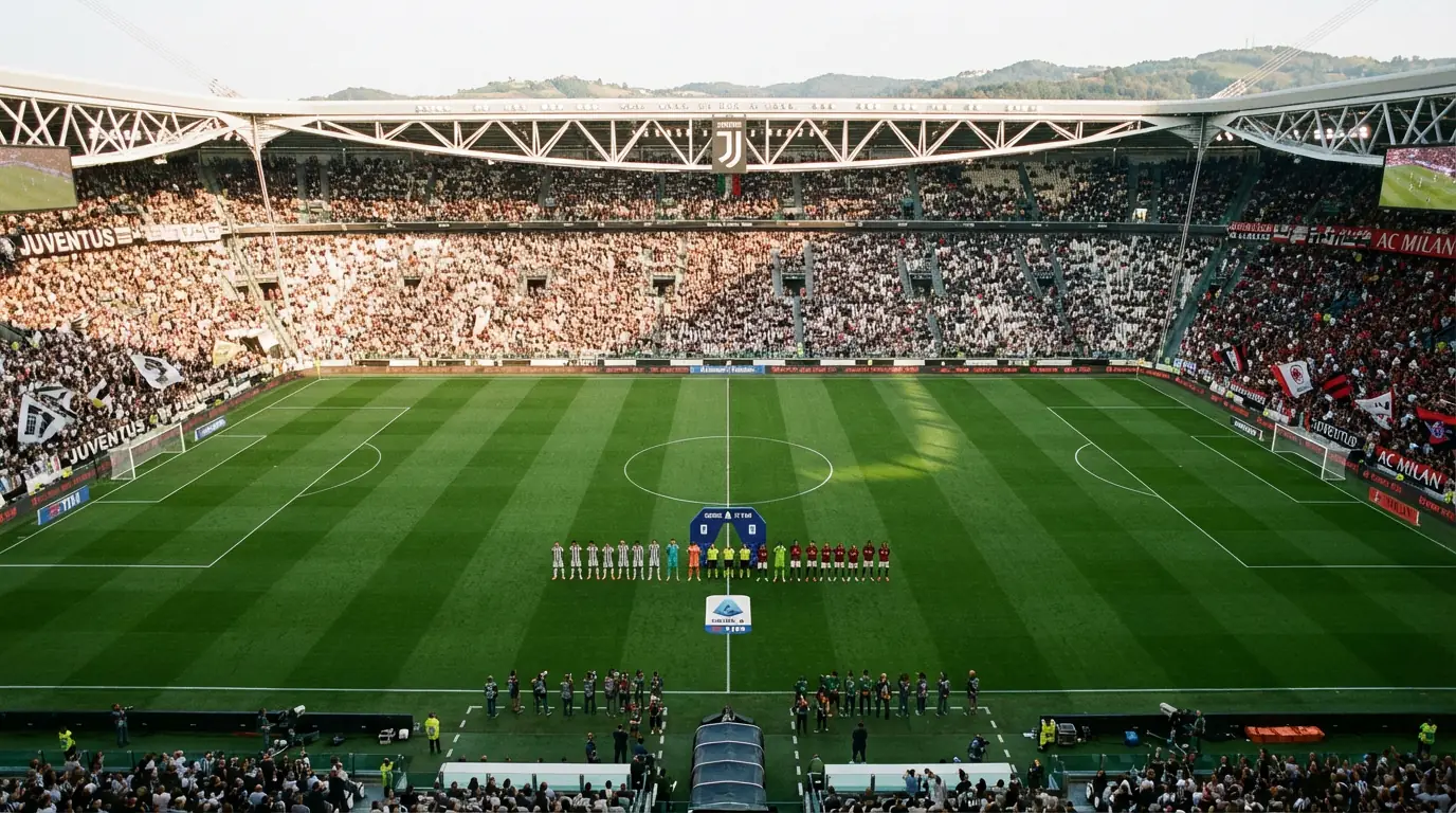 Campo da calcio in Serie A visto dall'alto con le due squadre schierate prima del fischio d'inizio