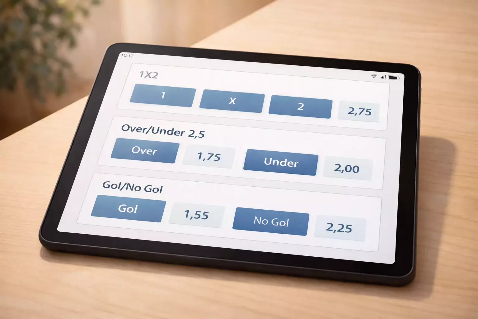 Schermata con diversi mercati di scommesse calcio 1X2 e Over Under