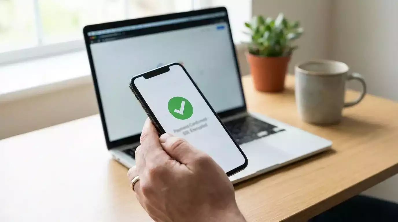 Mano che tiene uno smartphone con un'app di pagamento durante una transazione sicura online