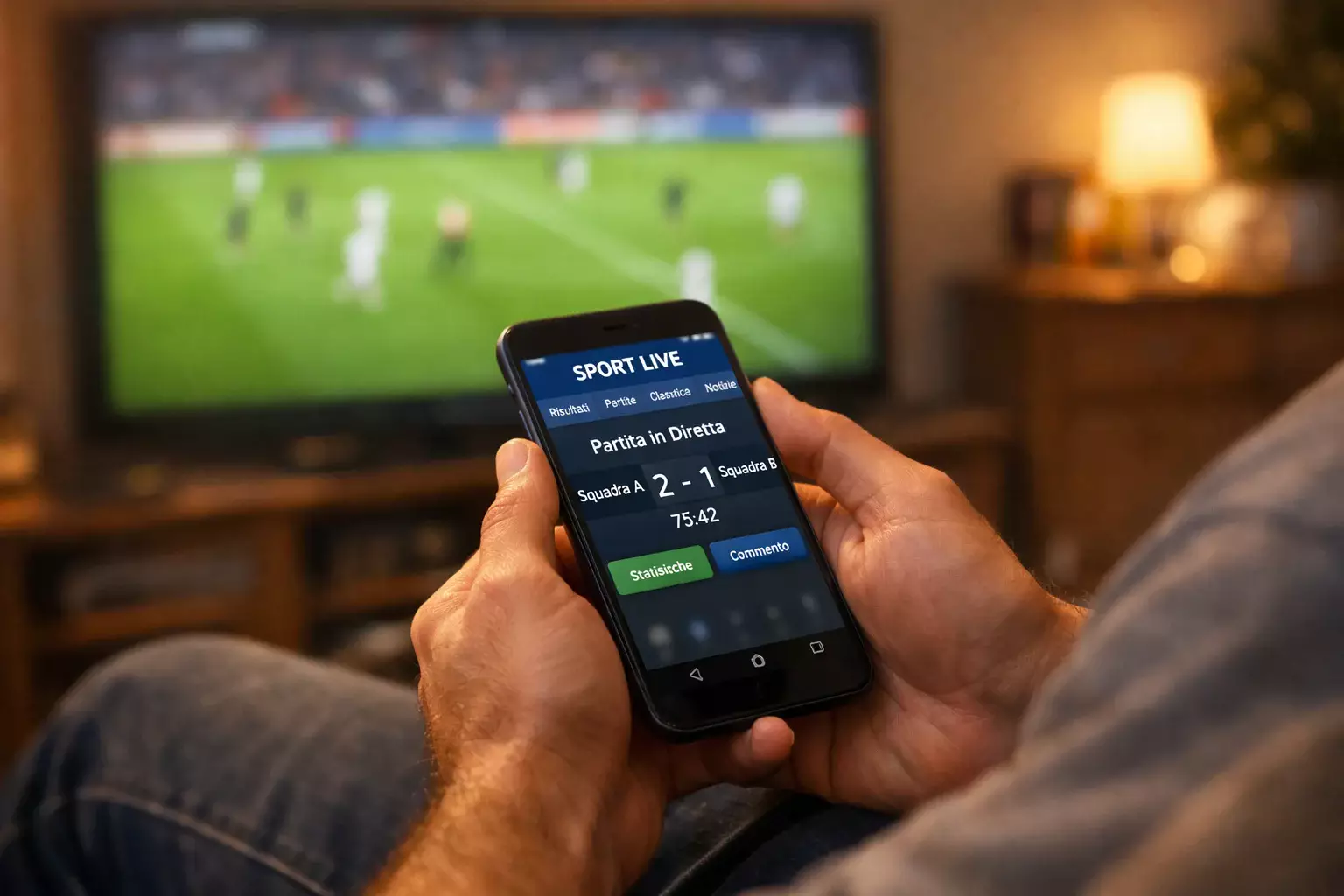 Persona che scommette da smartphone mentre guarda calcio in TV