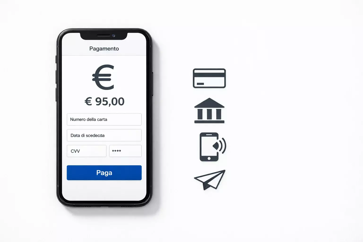 Smartphone con metodi di pagamento digitali e simbolo euro