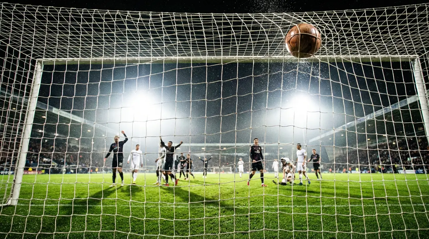 Rete di una porta da calcio vista da dietro con il pallone che entra durante una partita