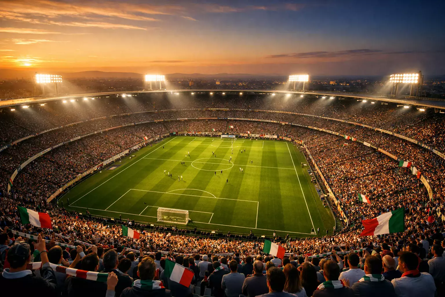 Stadio di calcio italiano illuminato durante una partita serale con tifosi sugli spalti