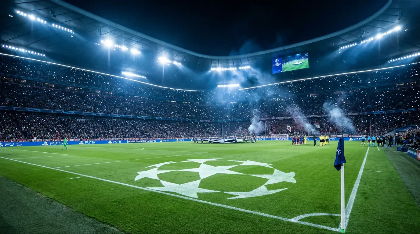 Stadio europeo illuminato durante una notte di Champions League con il prato verde in primo piano