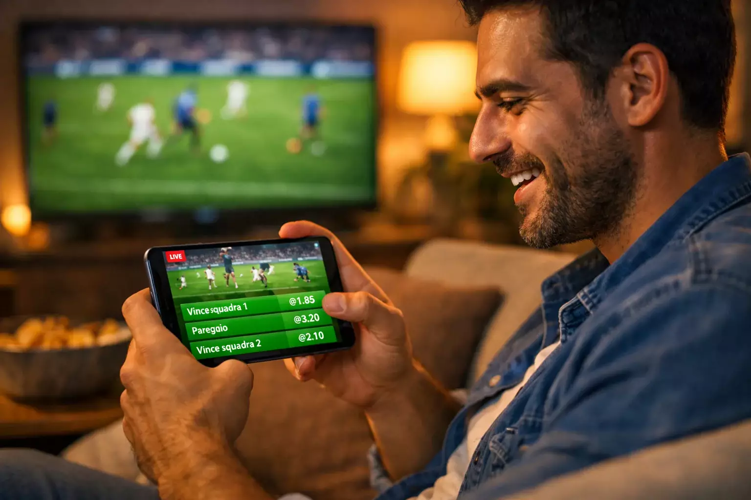 Tifoso che guarda partita di calcio in streaming su smartphone mentre segue le quote live
