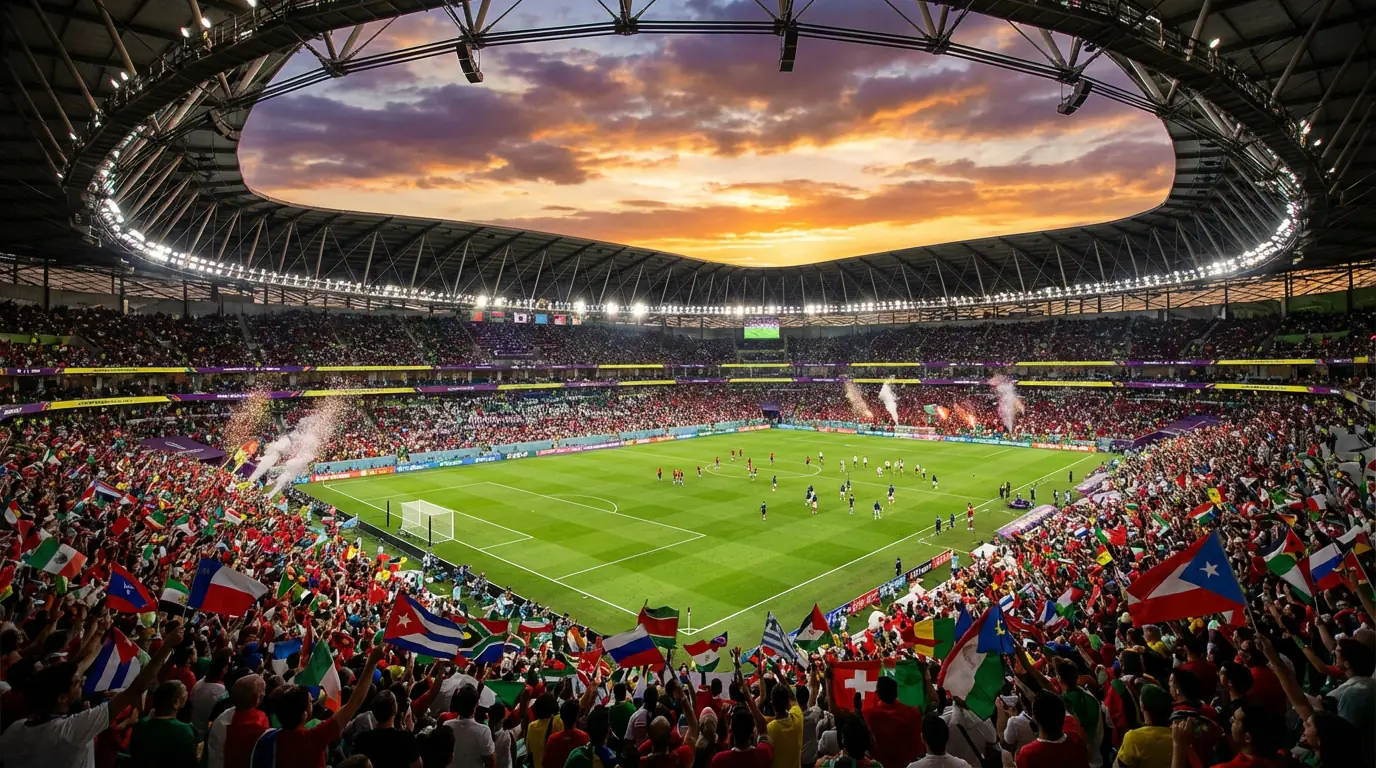Stadio imponente pieno di tifosi con bandiere durante una partita dei Mondiali di calcio 2026