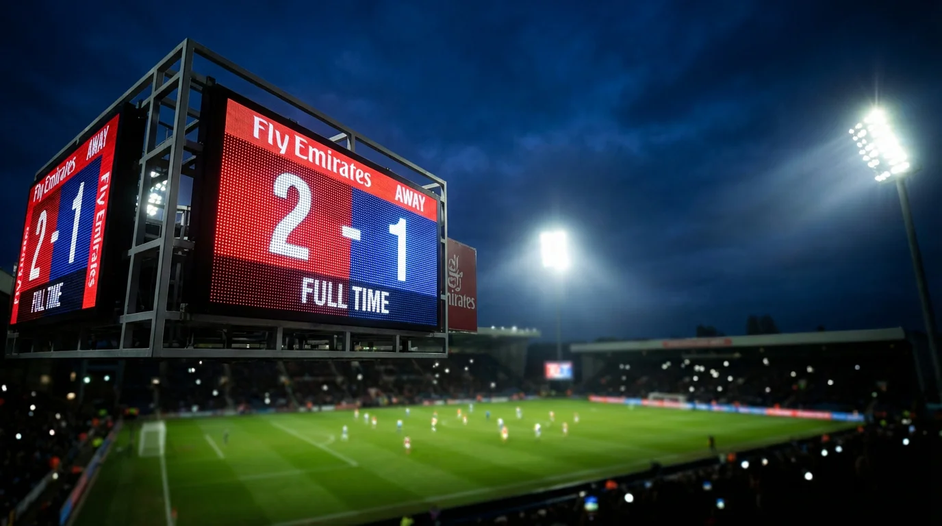 Tabellone segnapunti di uno stadio di calcio con il risultato della partita in primo piano