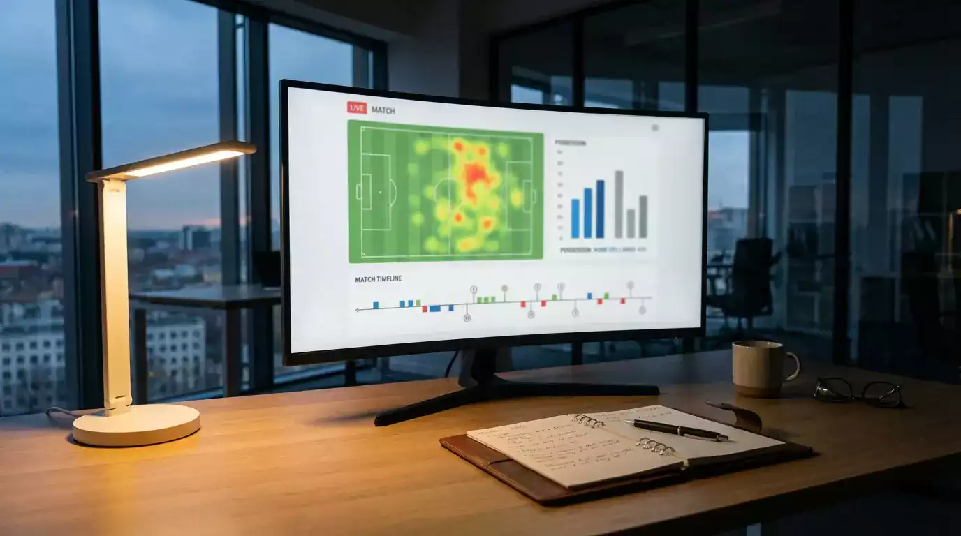 Monitor con statistiche di una partita di calcio in tempo reale su una scrivania ordinata
