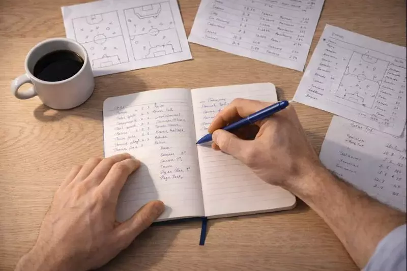 Persona che analizza statistiche di calcio con taccuino e penna