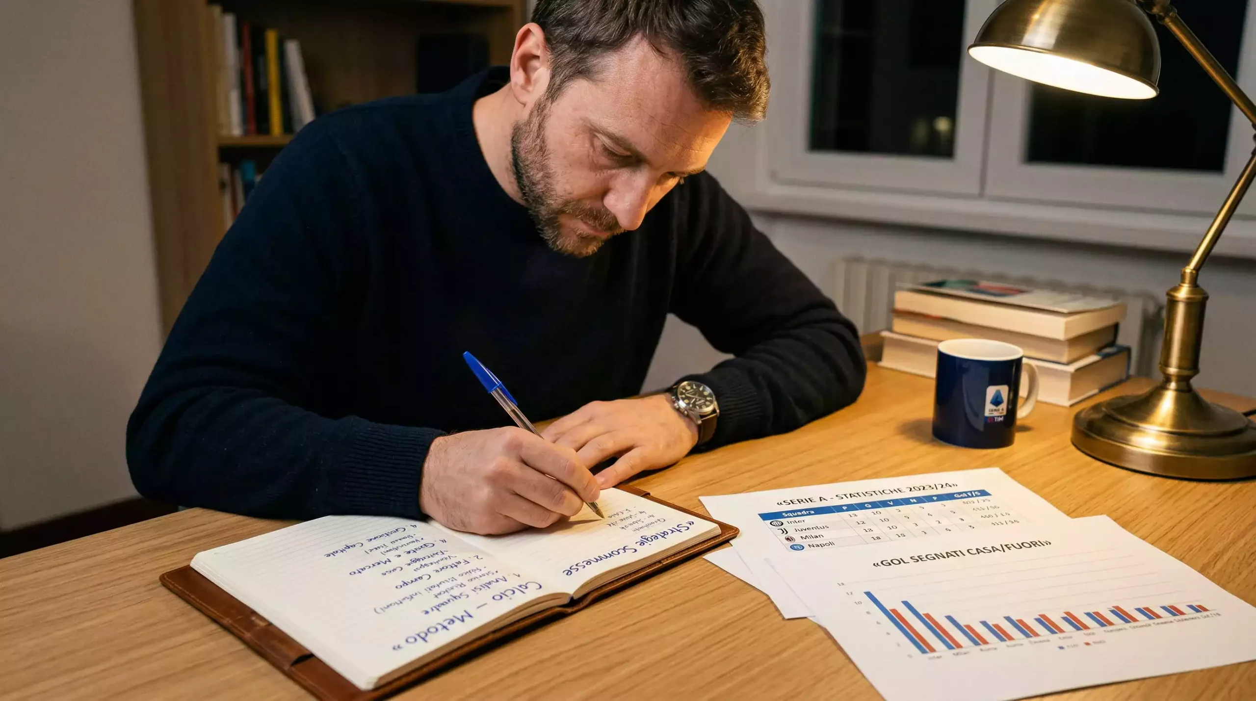 Persona concentrata che studia statistiche di calcio con appunti e un quaderno su una scrivania