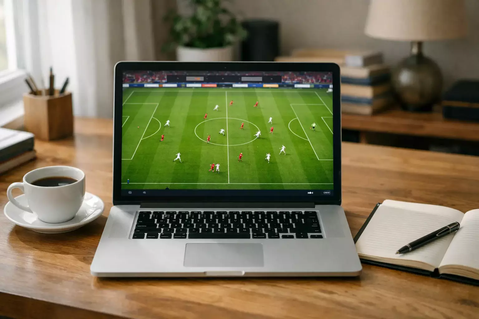 Schermo laptop con streaming di una partita di calcio