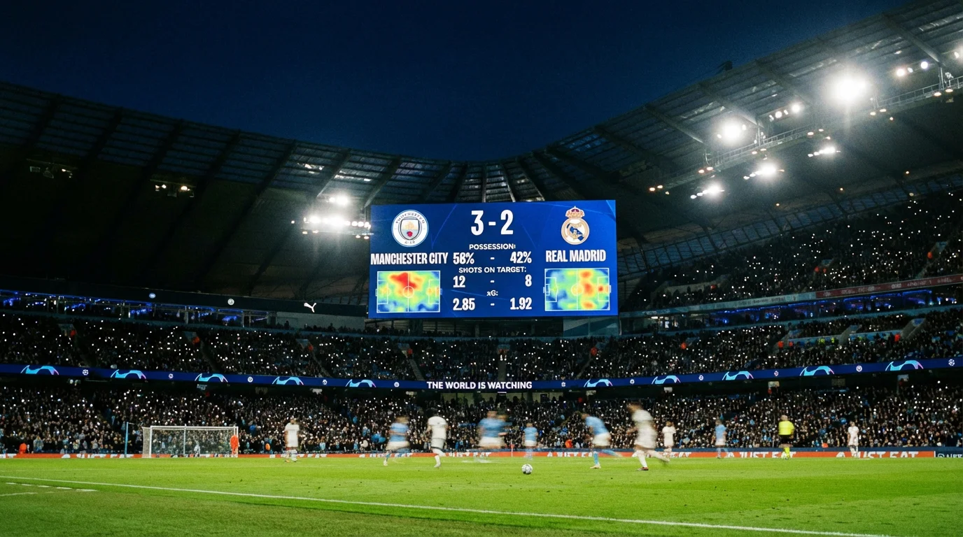 Tabellone luminoso di uno stadio di calcio con punteggio e statistiche durante una partita serale